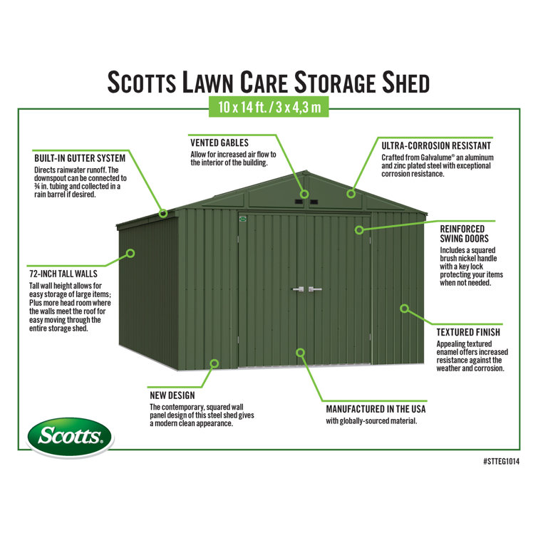 Arrow Scotts Lawn Care Storage Shed 10x14 Green Wayfair